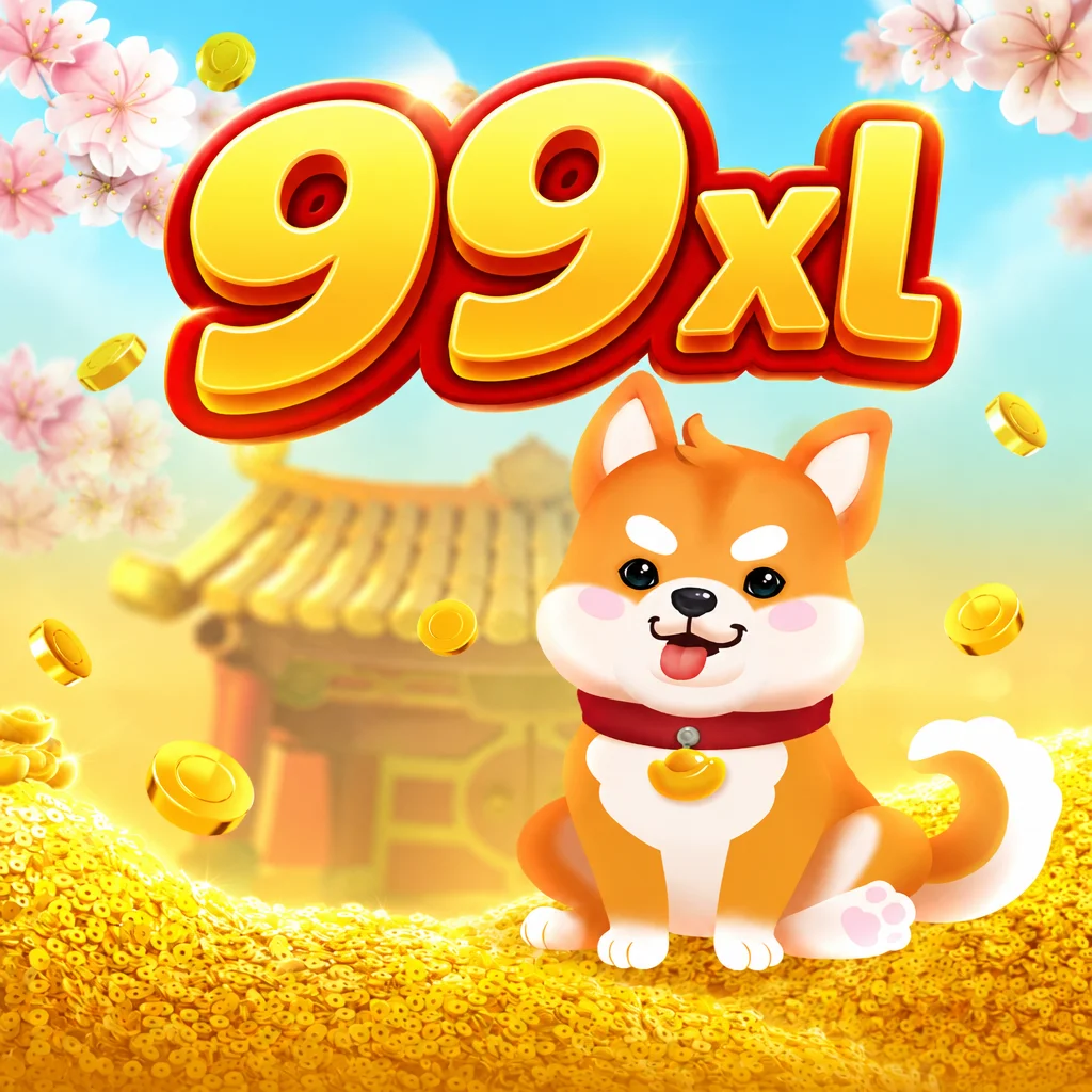 99xl memperlihatkan karakter anjing shiba inu di atas tumpukan koin emas Win Win Won